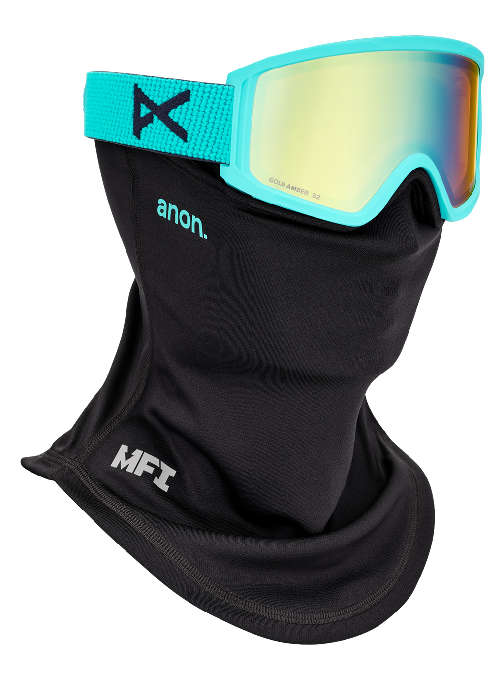 Anon Tracker 2.0 Goggles + MFI Face Mask - Marine/Gold Amber, shown with MFI face mask