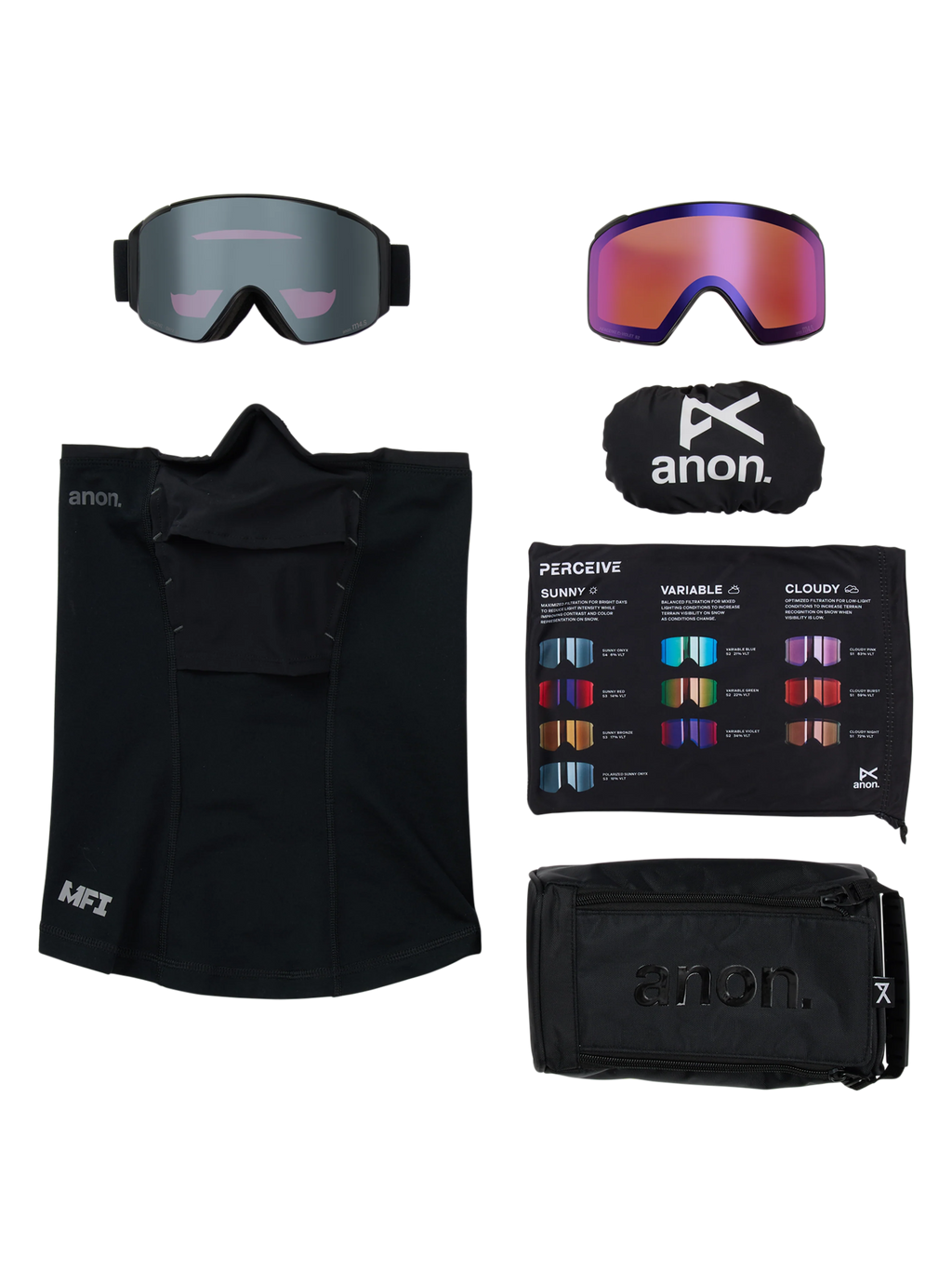 Anon M4S Goggles (Cylindrical) + Bonus Lens + MFI Face Mask - Smoke/Sunny Onyx, what is in the box