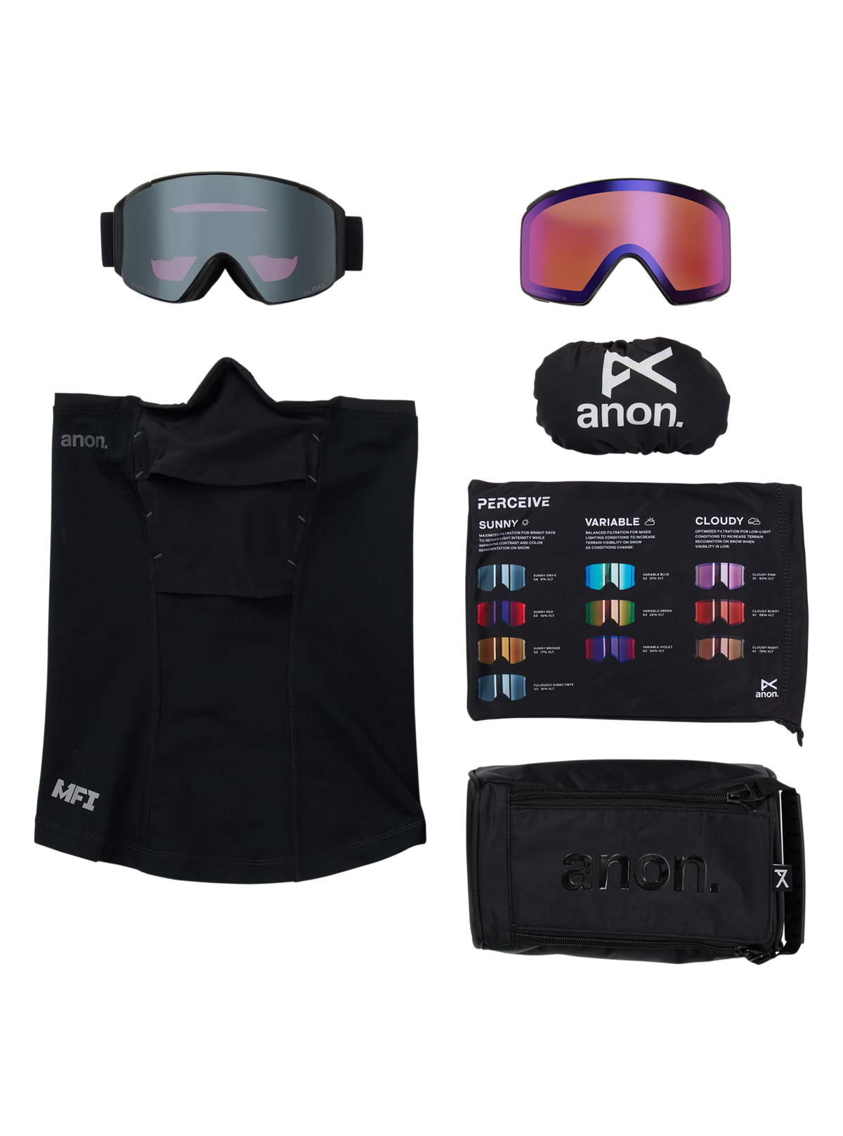 Anon M4S Goggles (Cylindrical) + Bonus Lens + MFI Face Mask - Smoke/Sunny Onyx, what is in the box