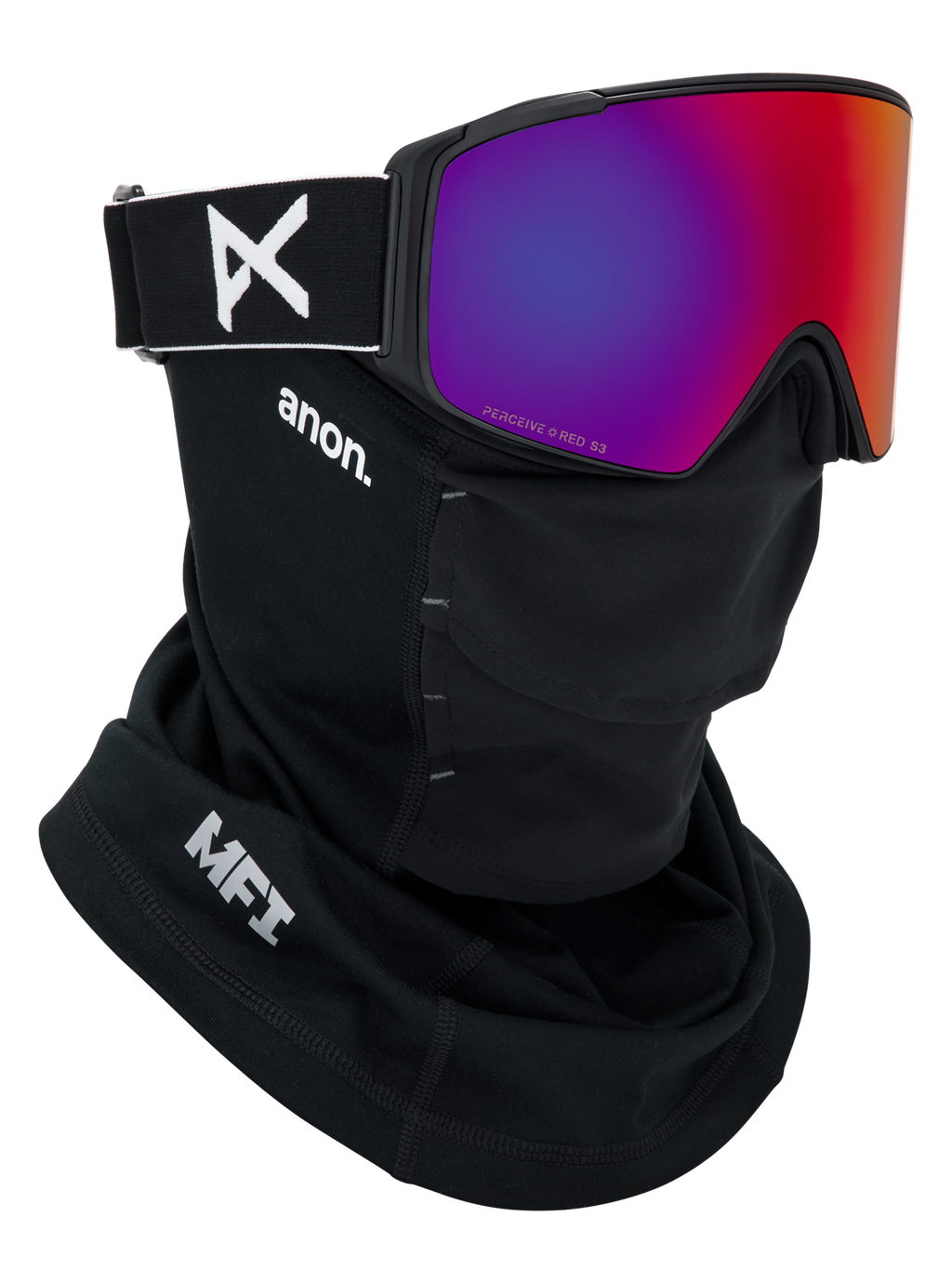 Anon M4S Goggles (Cylindrical) + Bonus Lens + MFI Face Mask - Black/Sunny Red, shown with MFI face mask