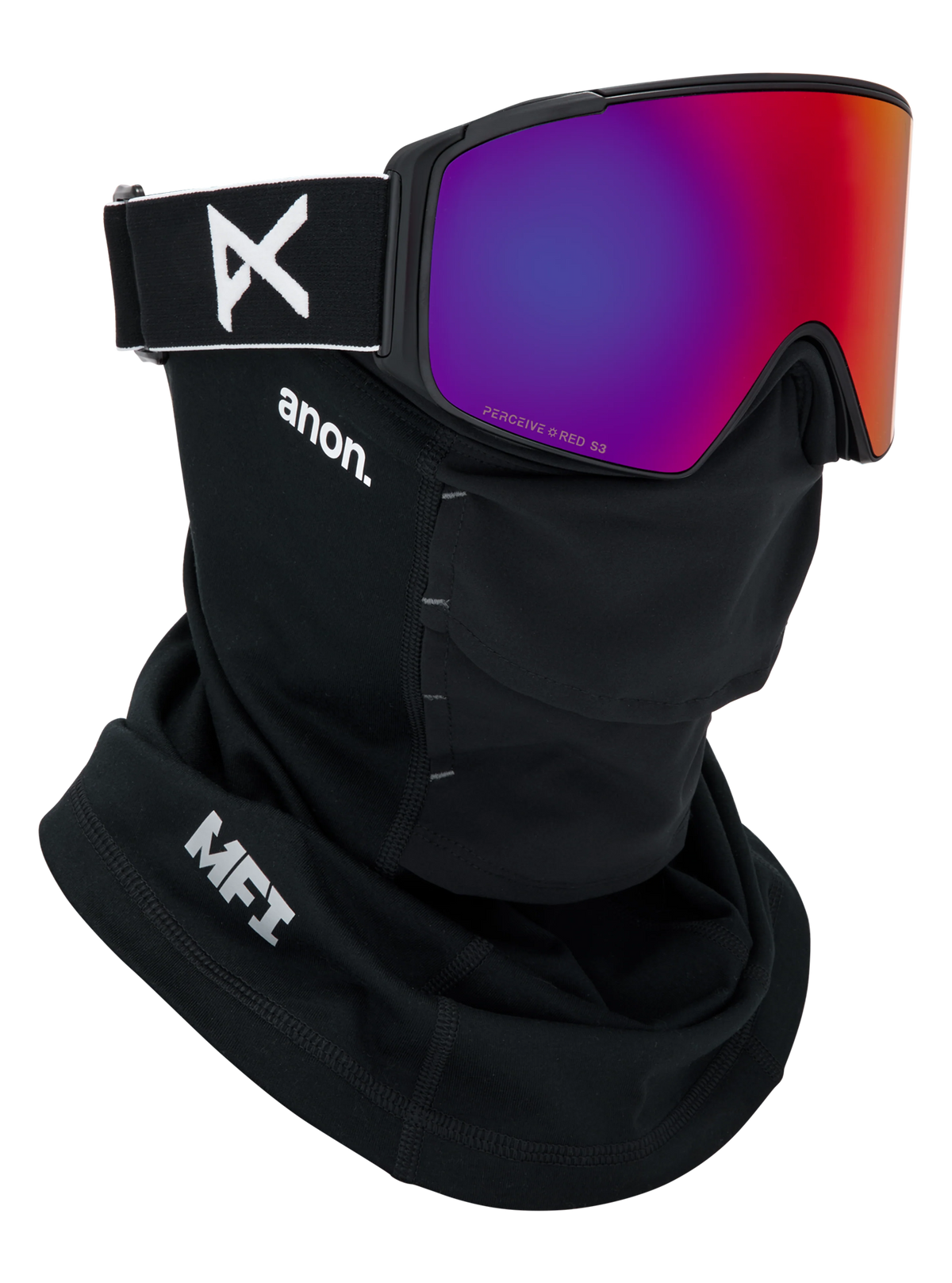 Anon M4S Goggles (Cylindrical) + Bonus Lens + MFI Face Mask - Black/Sunny Red, shown with MFI face mask