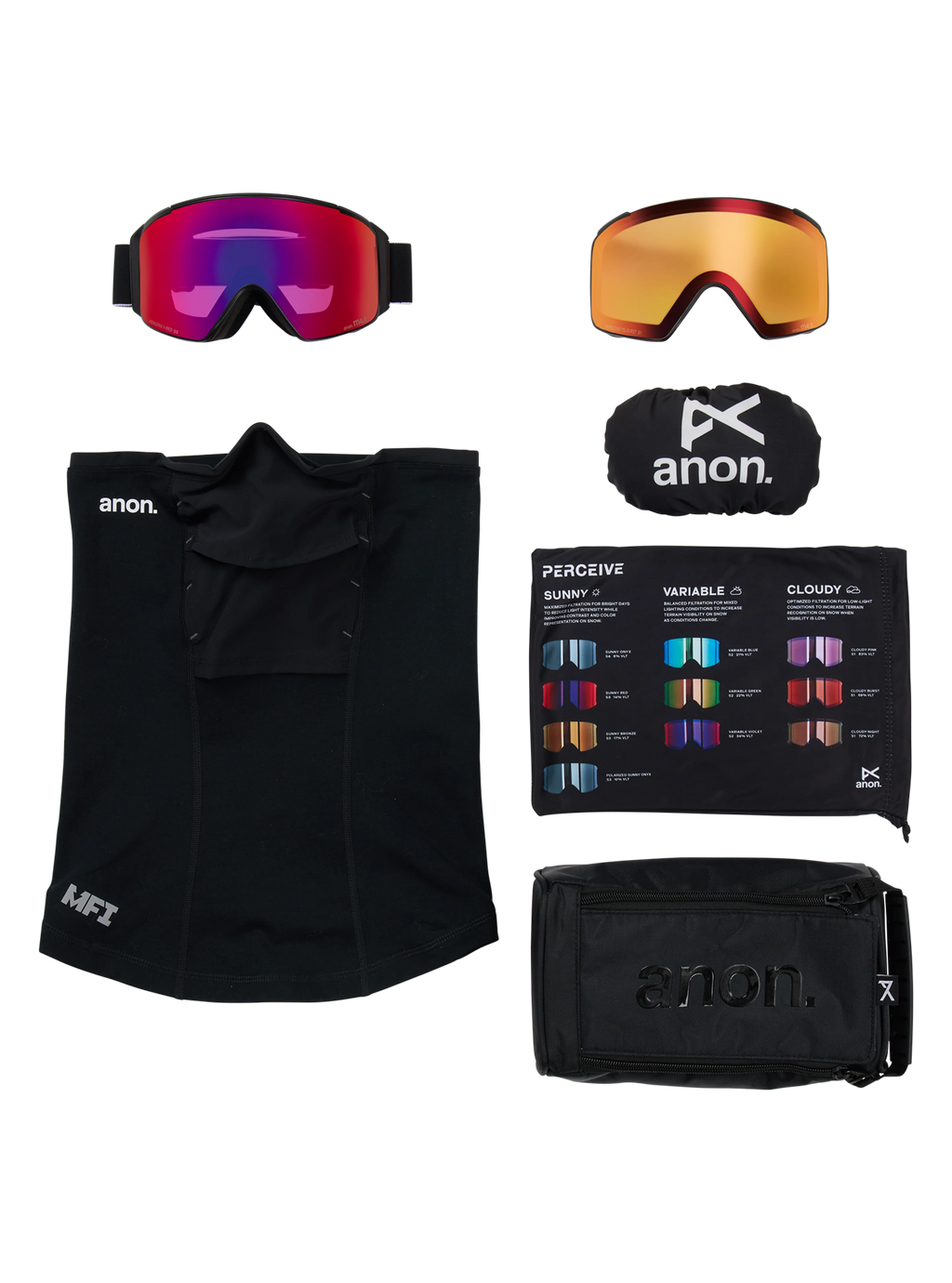 Anon M4S Goggles (Cylindrical) + Bonus Lens + MFI Face Mask - Black/Sunny Red, what is in the box