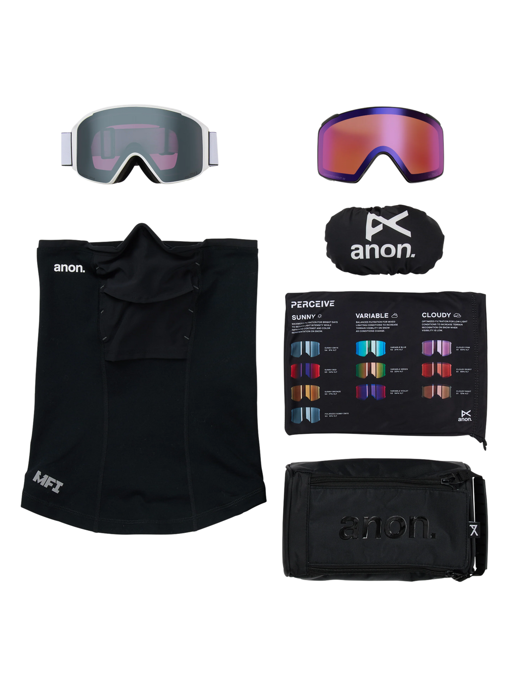 Anon M4S Goggles (Cylindrical) + Bonus Lens + MFI Face Mask - White/Sunny Onyx, what is in the box