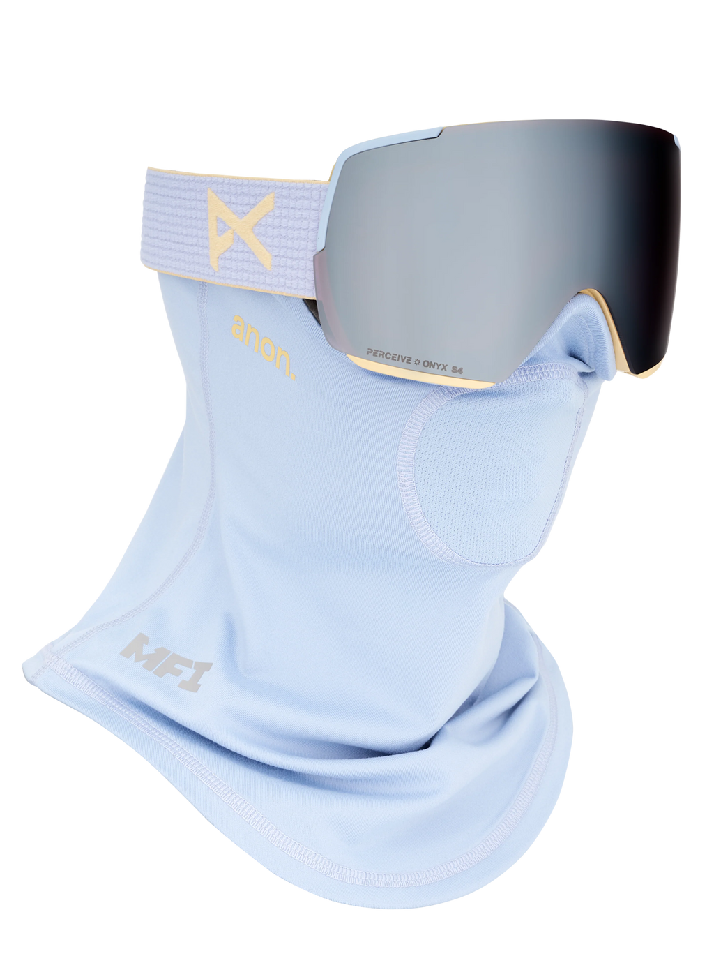 Anon M5S Goggles + Bonus Lens + MFI Face Mask - Airstream Blue/Sunny Onyx, shown with MFI face mask