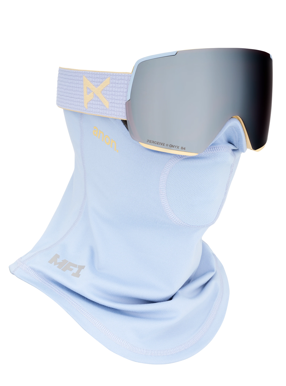 Anon M5S Goggles + Bonus Lens + MFI Face Mask - Airstream Blue/Sunny Onyx, shown with MFI face mask