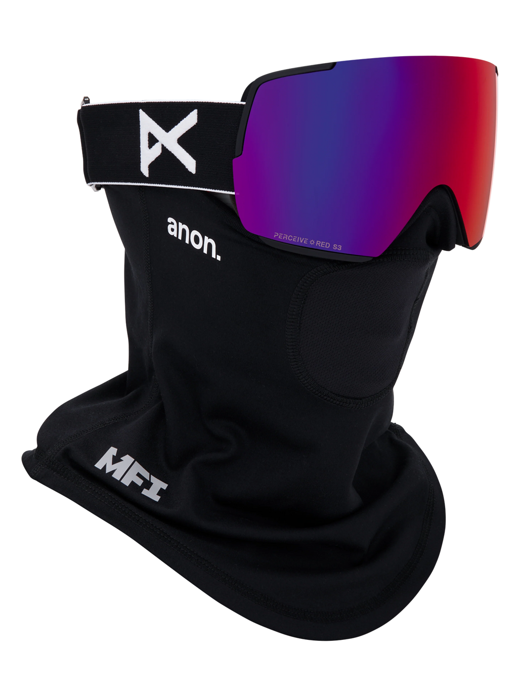 Anon M5S Goggles + Bonus Lens + MFI Face Mask - Black/Sunny Red, shown with MFI face mask