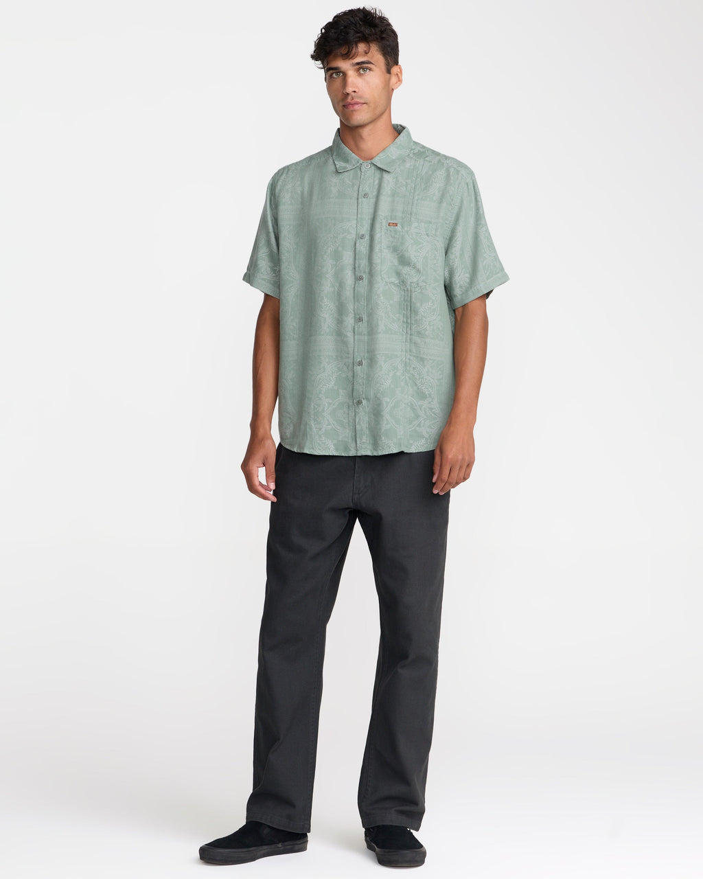 RVCA Mellowist Short Sleeve Shirt in Jade, detail