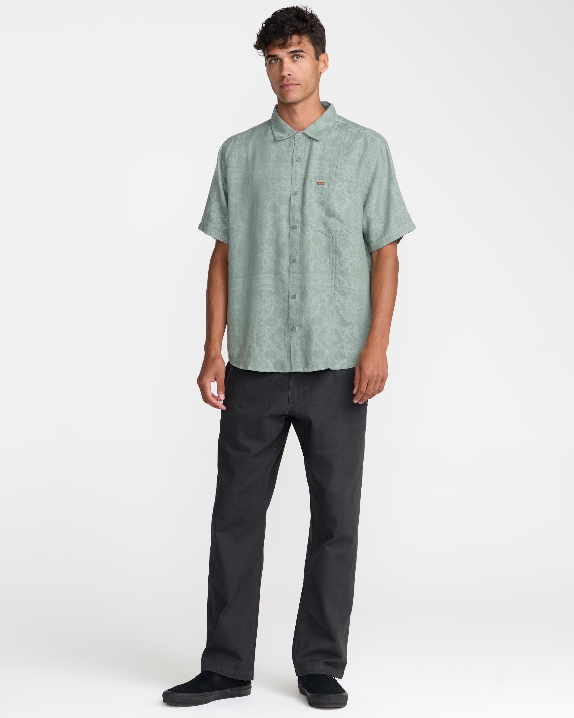 RVCA Mellowist Short Sleeve Shirt in Jade, detail