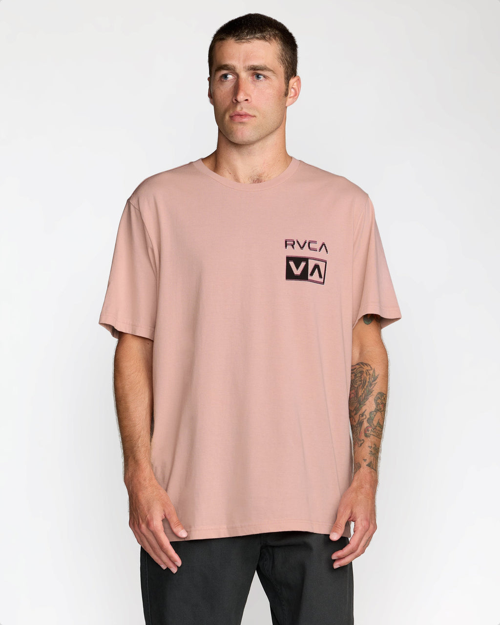 RVCA Glitch Short Sleeve T-Shirt in Pale Mauve - front on model