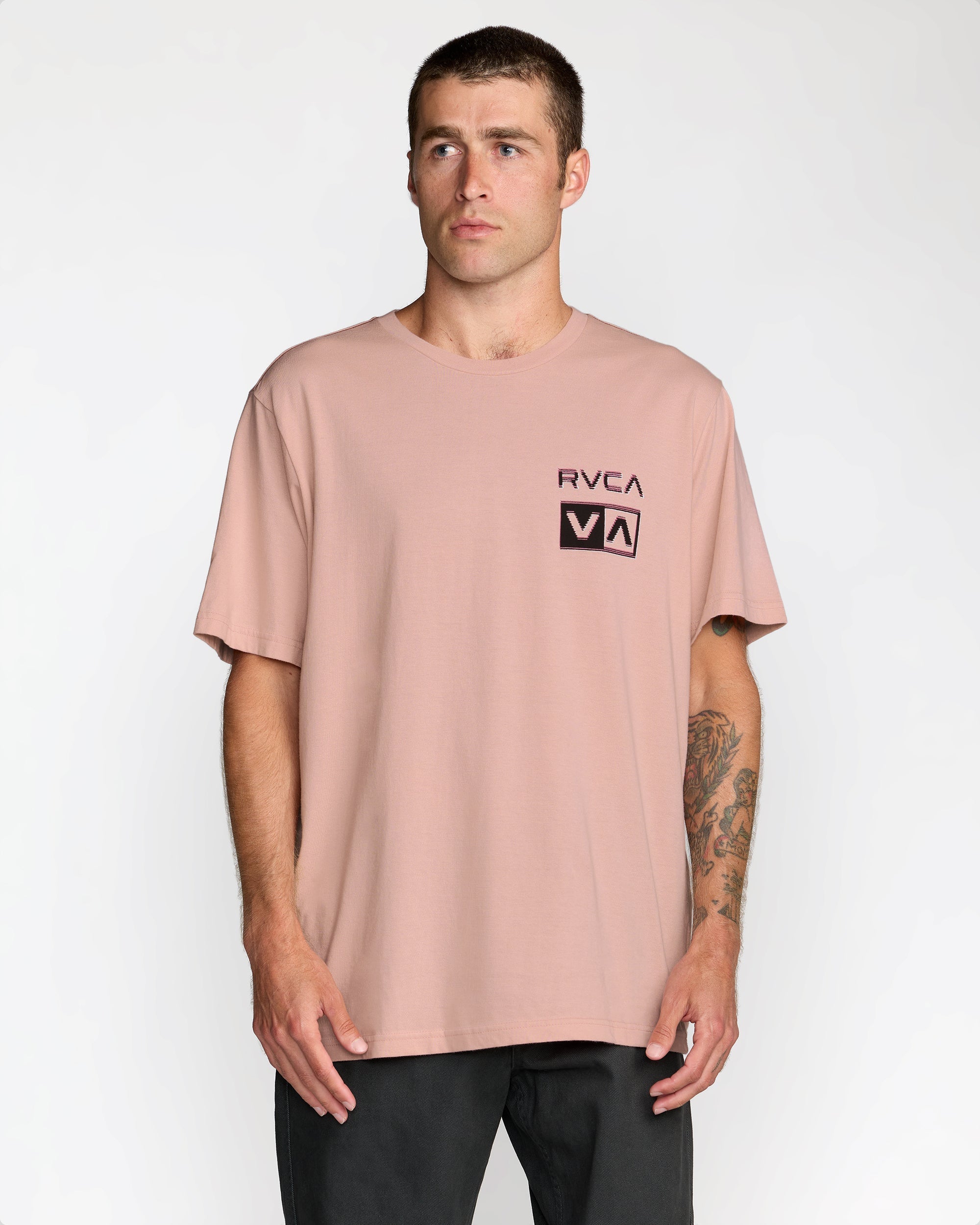 RVCA Glitch Short Sleeve T-Shirt in Pale Mauve - front on model