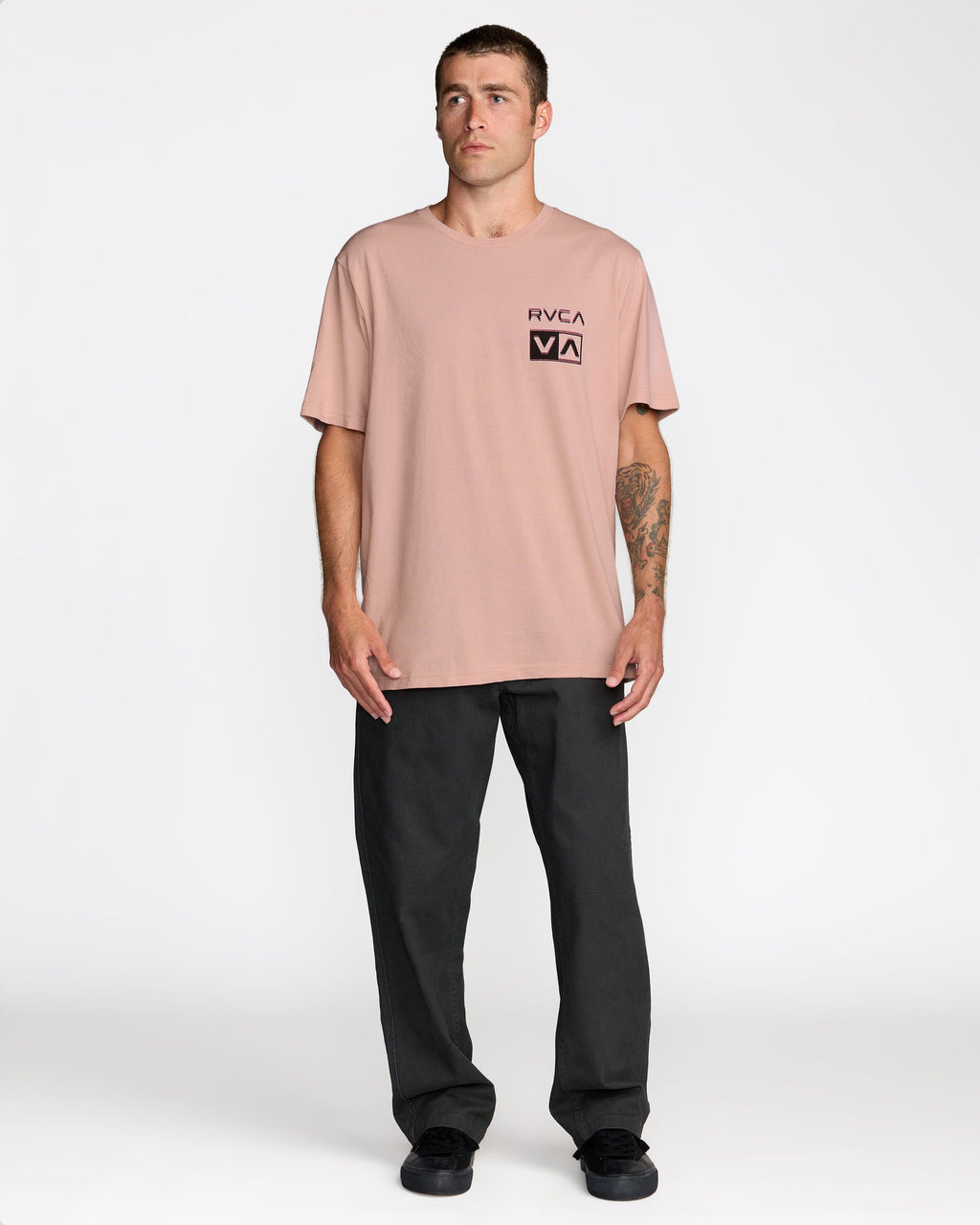 RVCA Glitch Short Sleeve T-Shirt in Pale Mauve - full length on model
