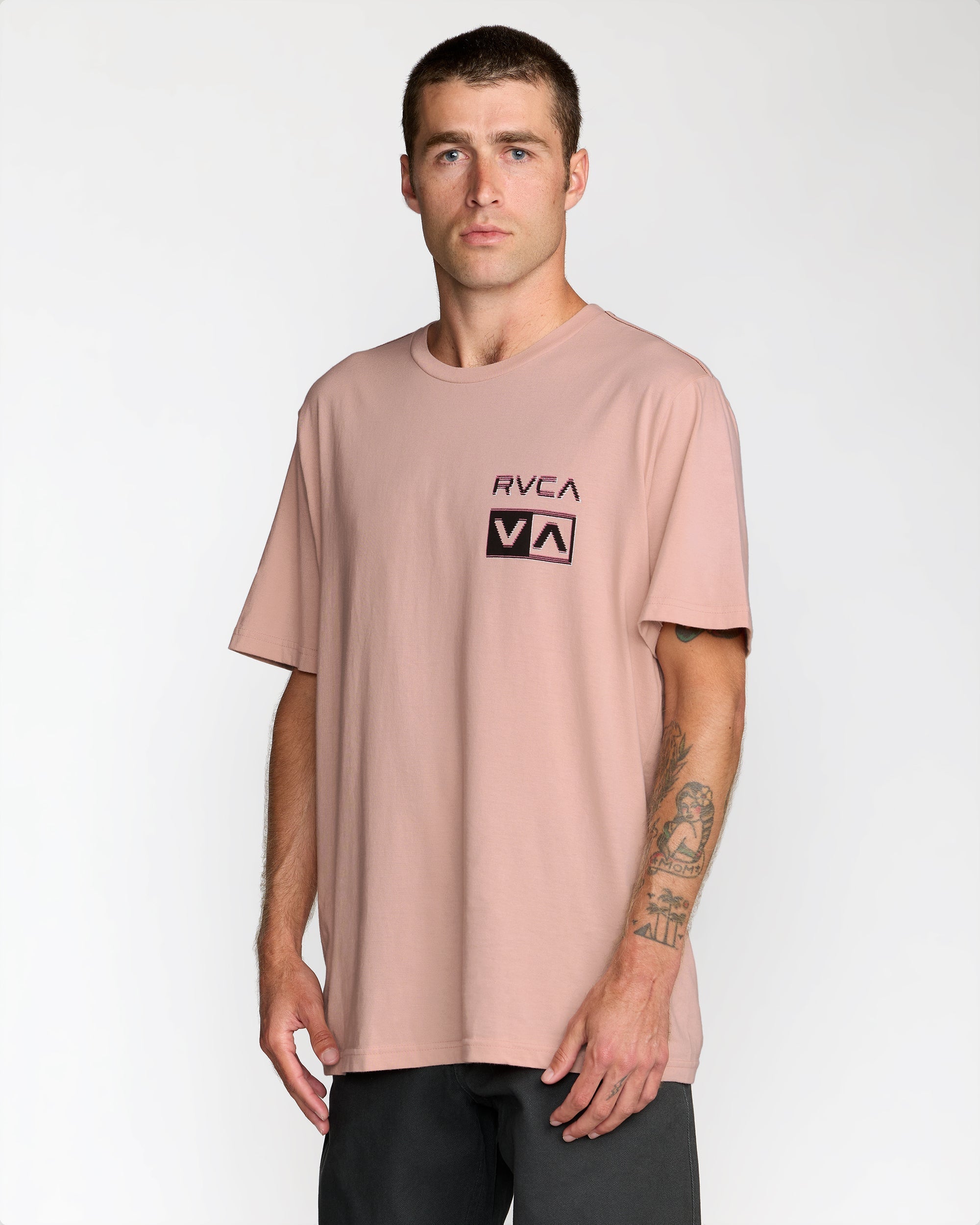 RVCA Glitch Short Sleeve T-Shirt in Pale Mauve - three quarter view