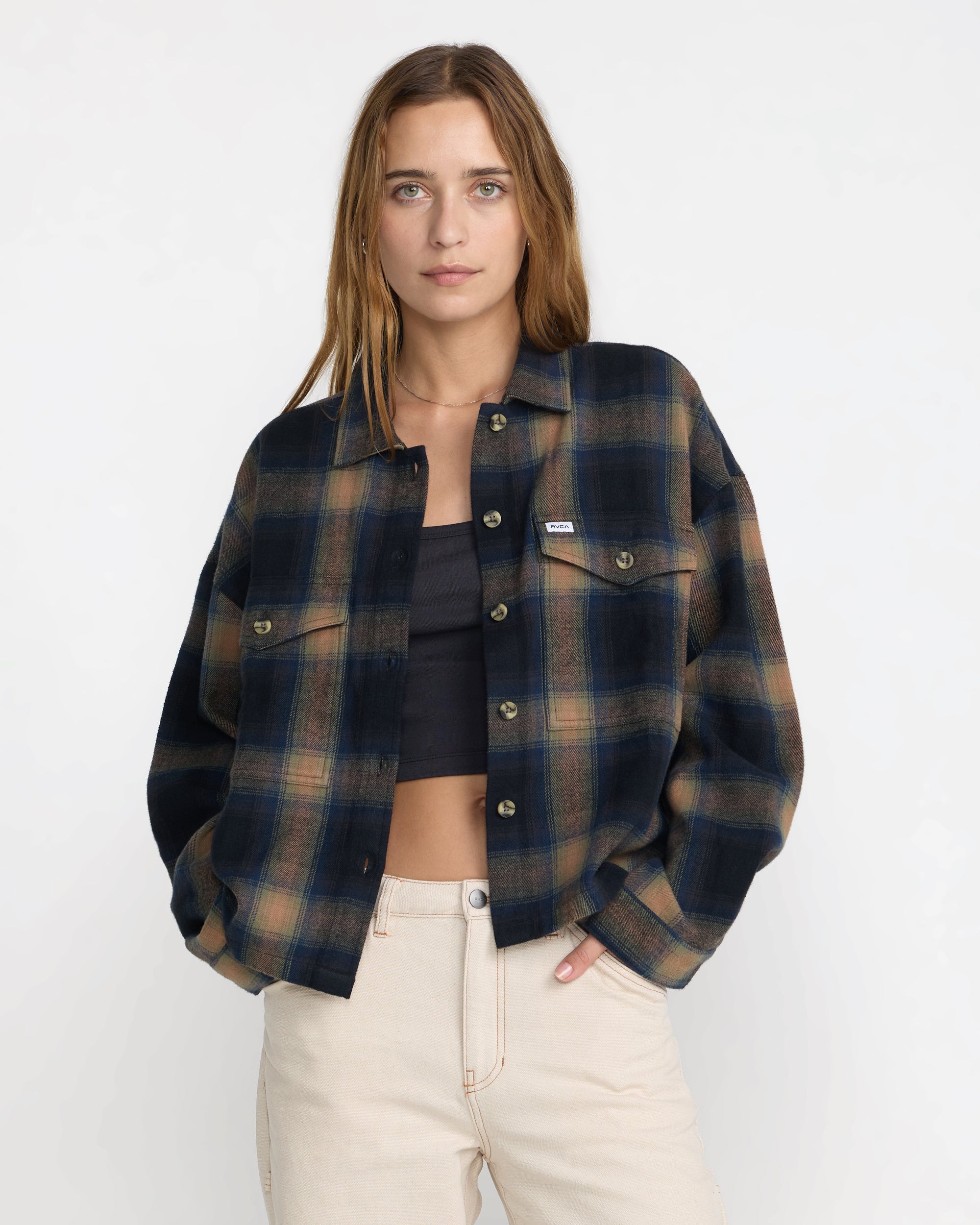 RVCA Women's Bonito Boxy Flannel Shirt - BLACK