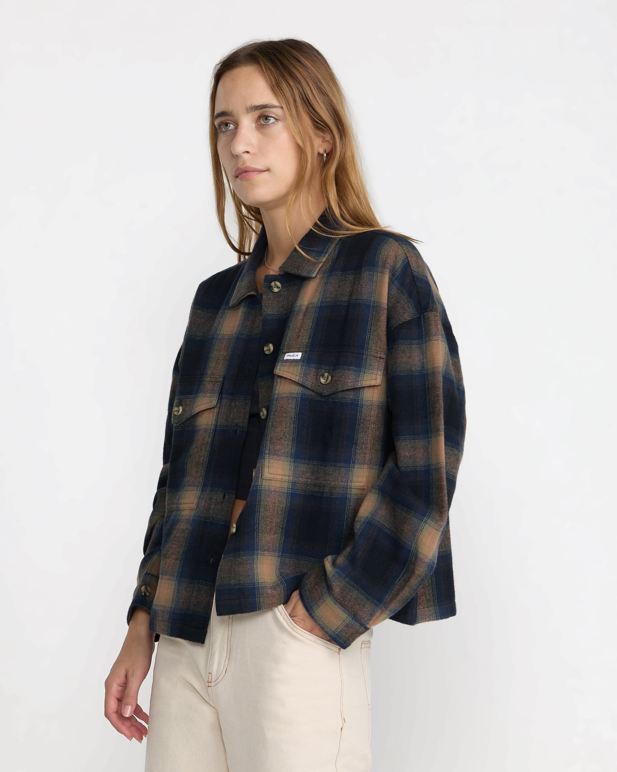 RVCA Women's Bonito Boxy Flannel Shirt - BLACK