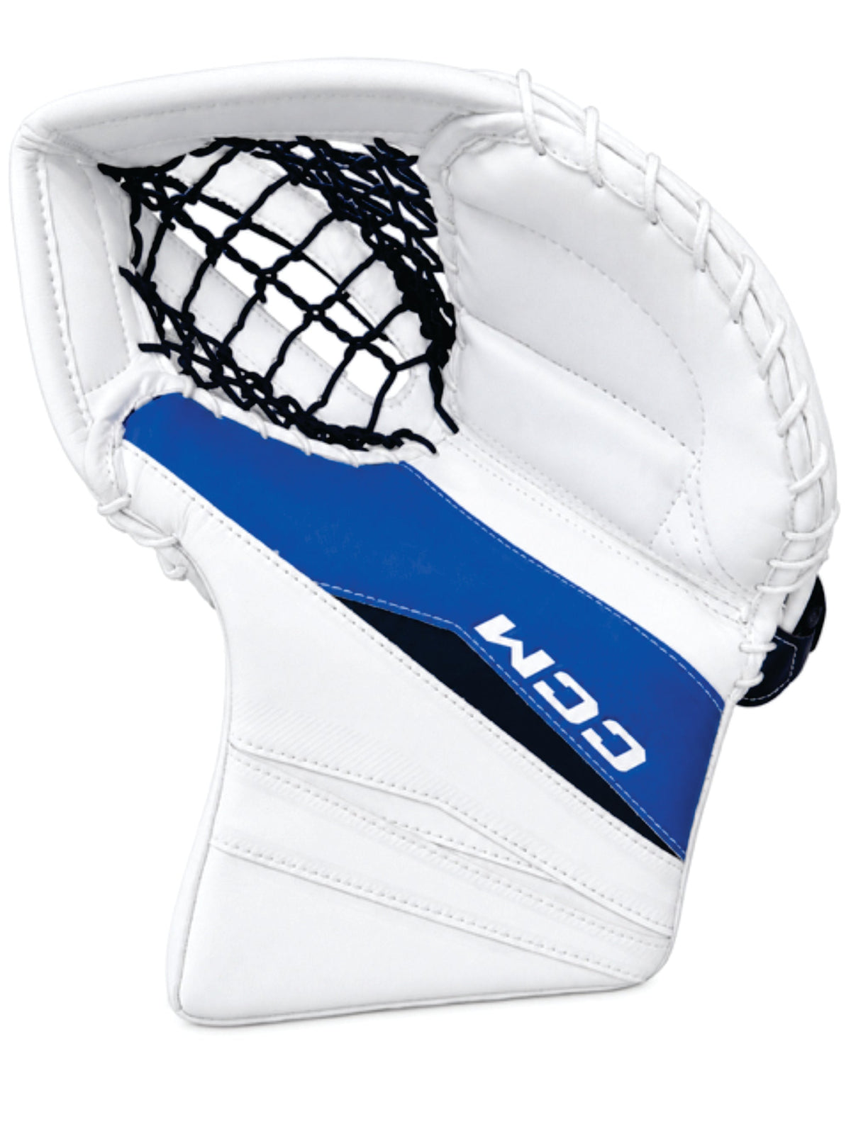 CCM Total Custom Axis XF Goalie Catcher - White/Blue/Navy, front view