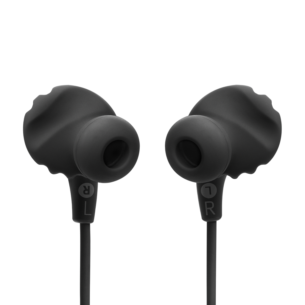 JBL Endurance Run 2 Wireless earbuds in black, back of the earbuds showing L and R markings