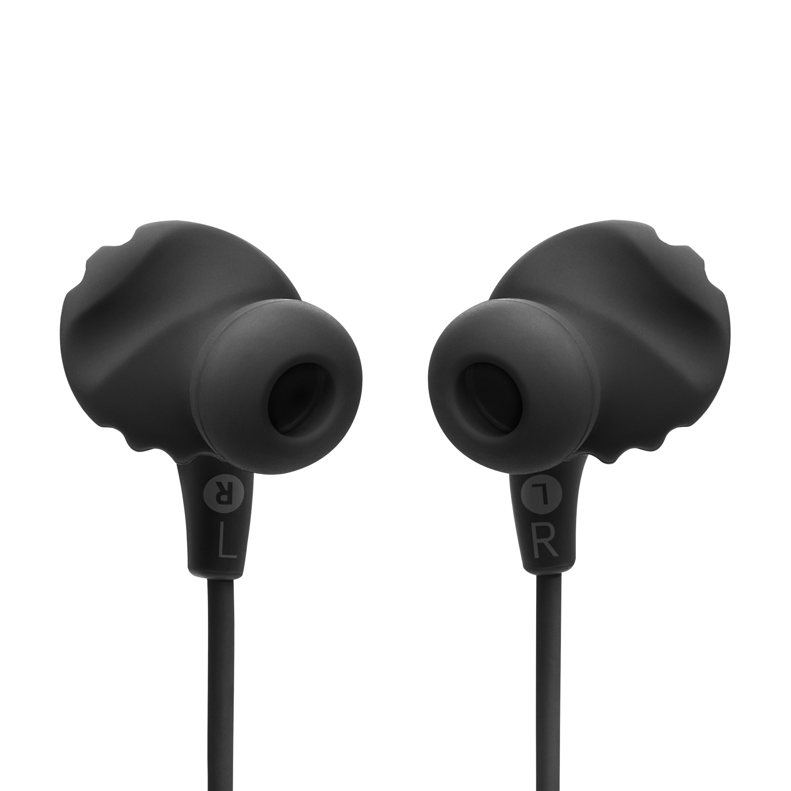 JBL Endurance Run 2 Wireless earbuds in black, back of the earbuds showing L and R markings