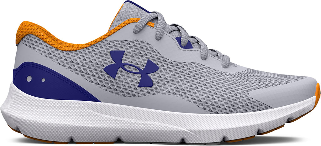 Under Armour Boys' Grade School UA Surge 3 Running Shoes Mod Gray/Bauhaus Blue - lateral view