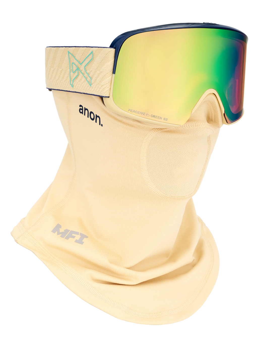 Anon M6 Goggles + Bonus Lens + MFI Face Mask - Beechwood/Variable Green, shown with MFI face mask