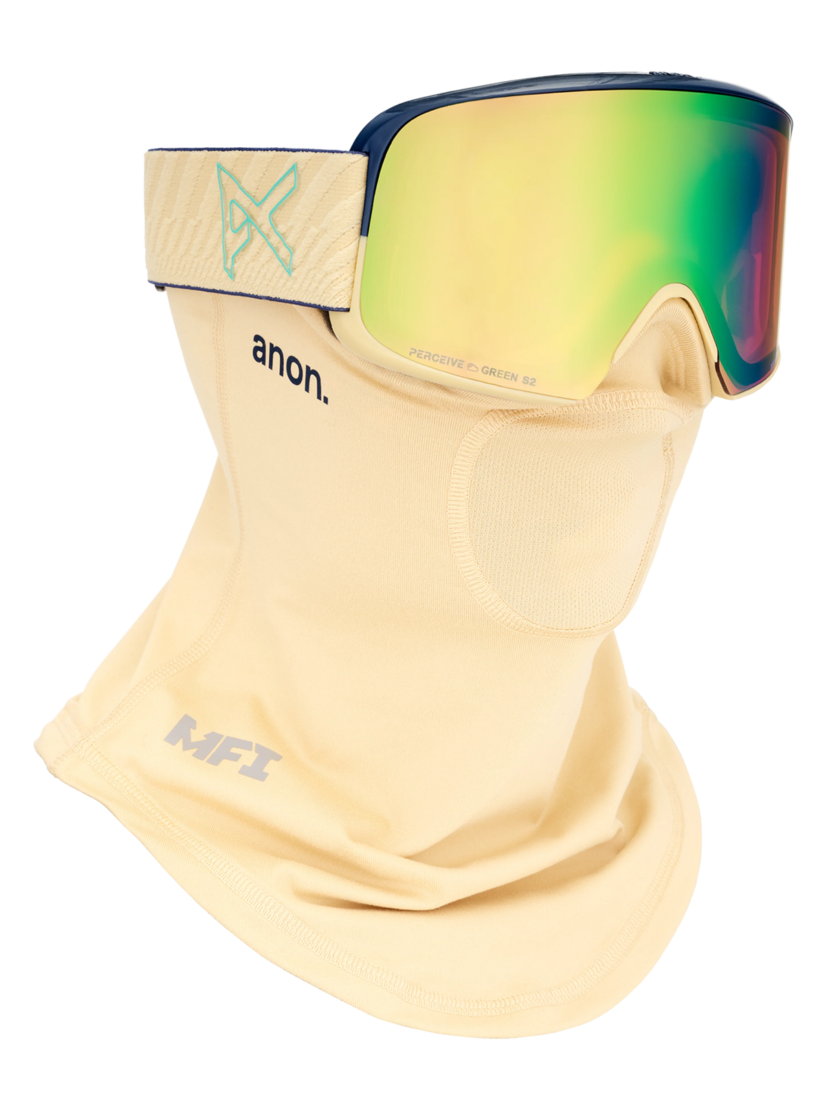 Anon M6 Goggles + Bonus Lens + MFI Face Mask - Beechwood/Variable Green, shown with MFI face mask
