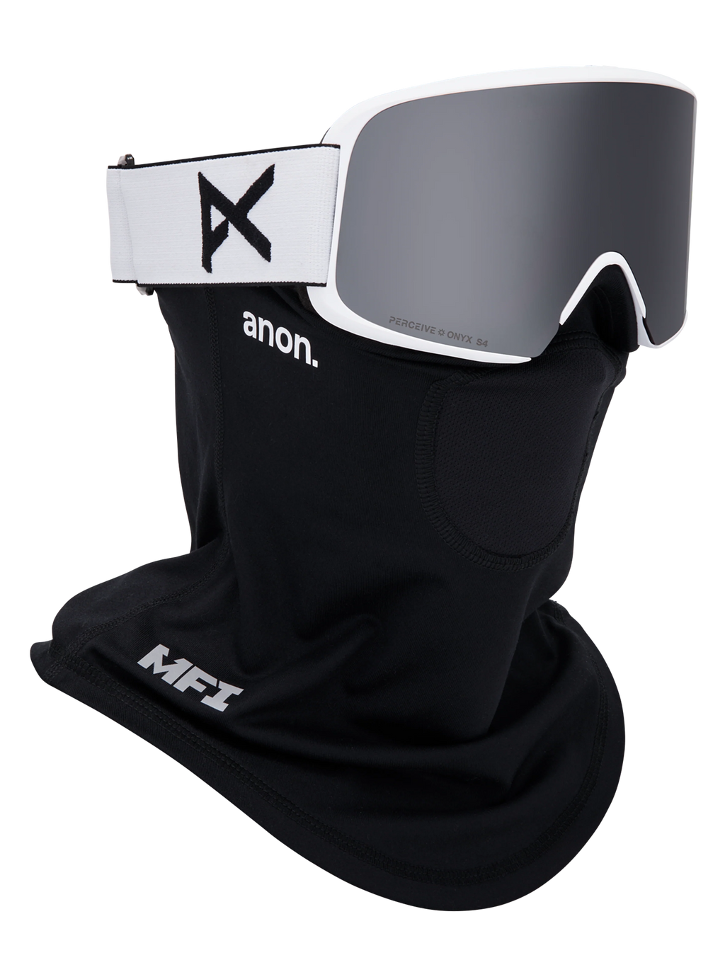 Anon M6 Goggles + Bonus Lens + MFI Face Mask - White/Sunny Onyx, shown with MFI face mask