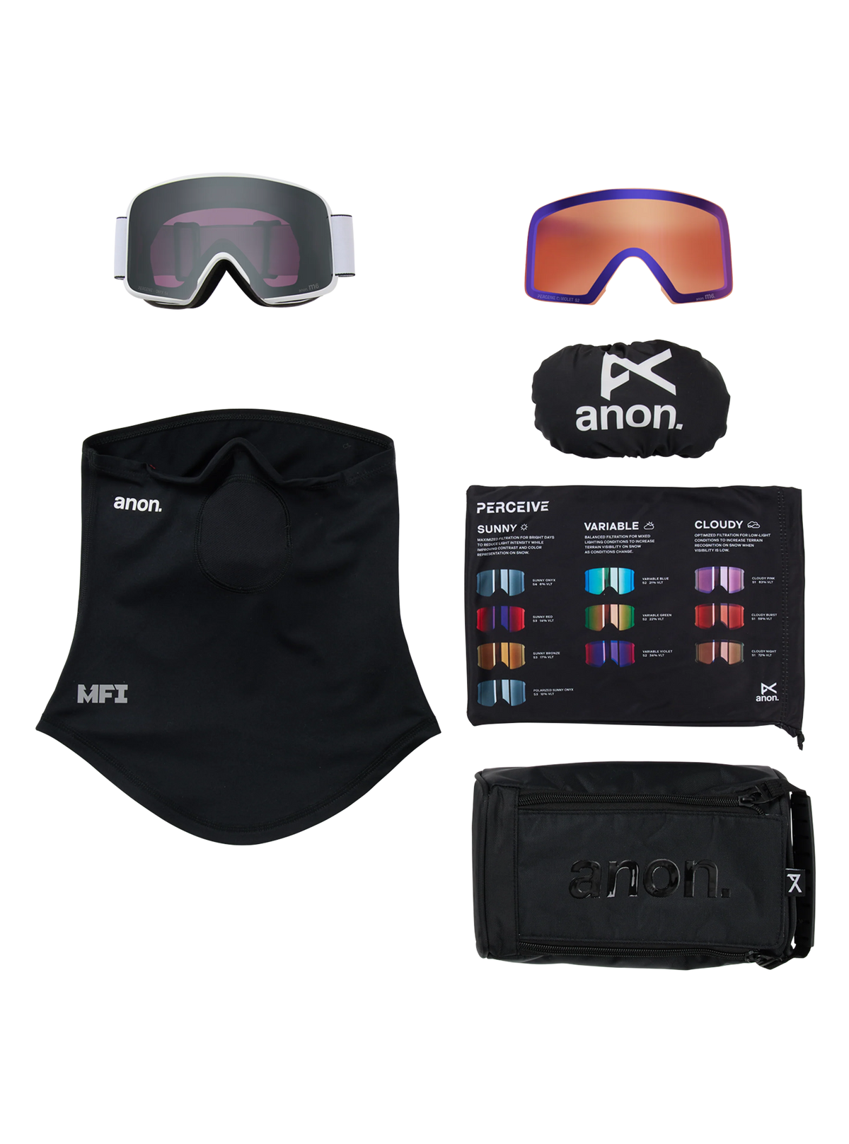 Anon M6 Goggles + Bonus Lens + MFI Face Mask - White/Sunny Onyx, what is in the box