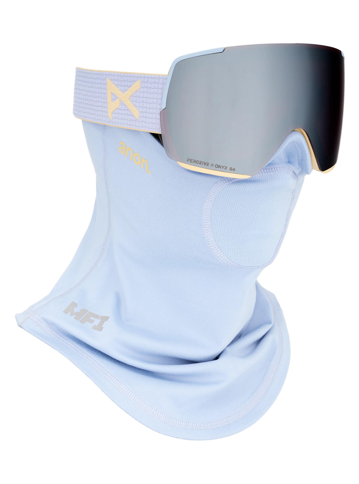Anon M6S Goggles + Bonus Lens + MFI Face Mask - Airstream Blue/Sunny Onyx, shown with MFI face mask