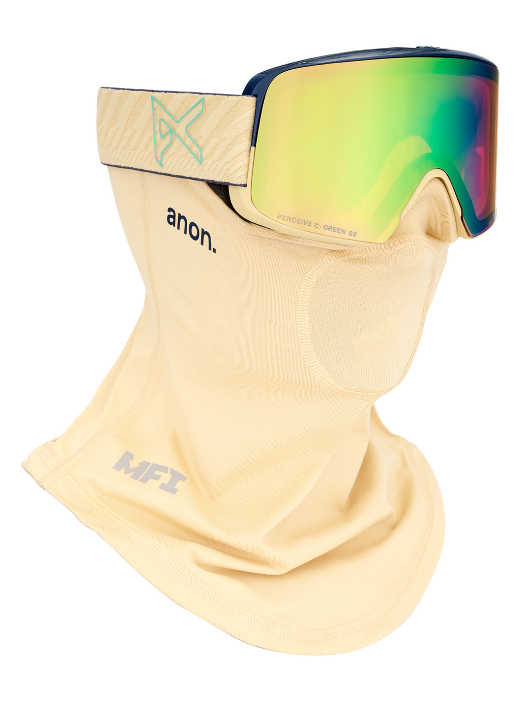 Anon M6S Goggles + Bonus Lens + MFI Face Mask - Beechwood/Variable Green, shown with MFI face mask