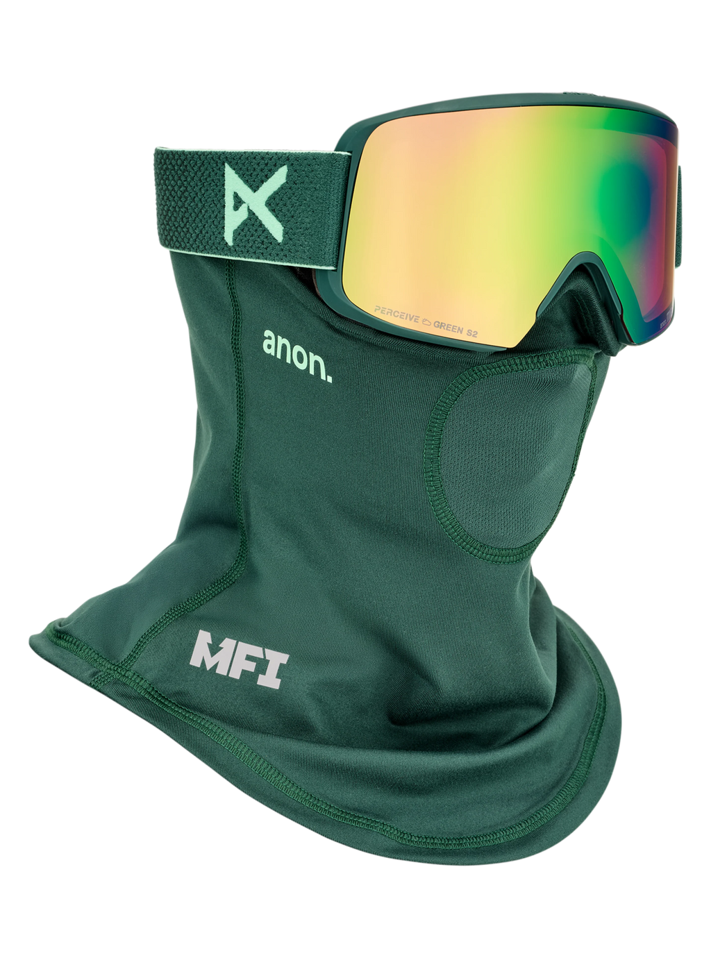 Anon M6S Goggles + Bonus Lens + MFI Face Mask - Brunswick Green/Variable Green, shown with MFI face mask