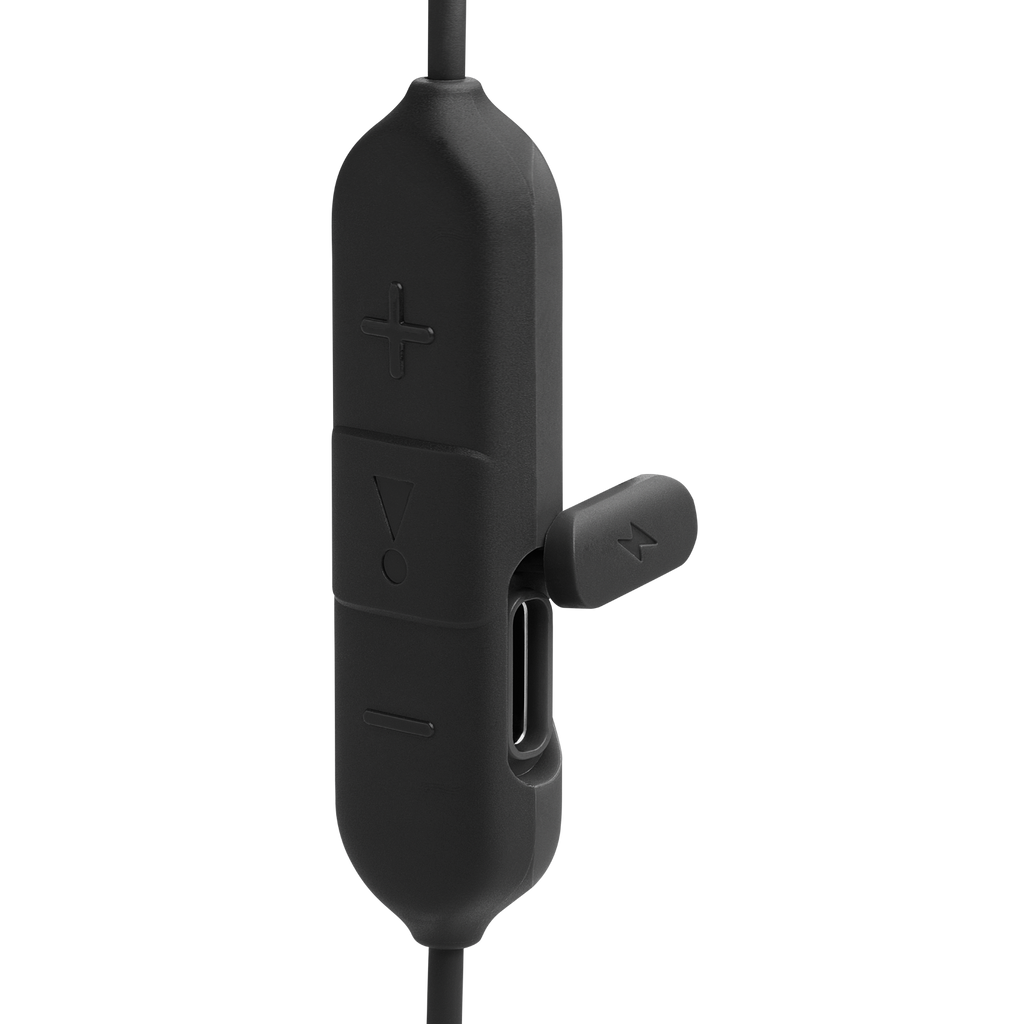 JBL Endurance Run 2 Wireless earbuds in black, in-line remote and USB-C charging port detail