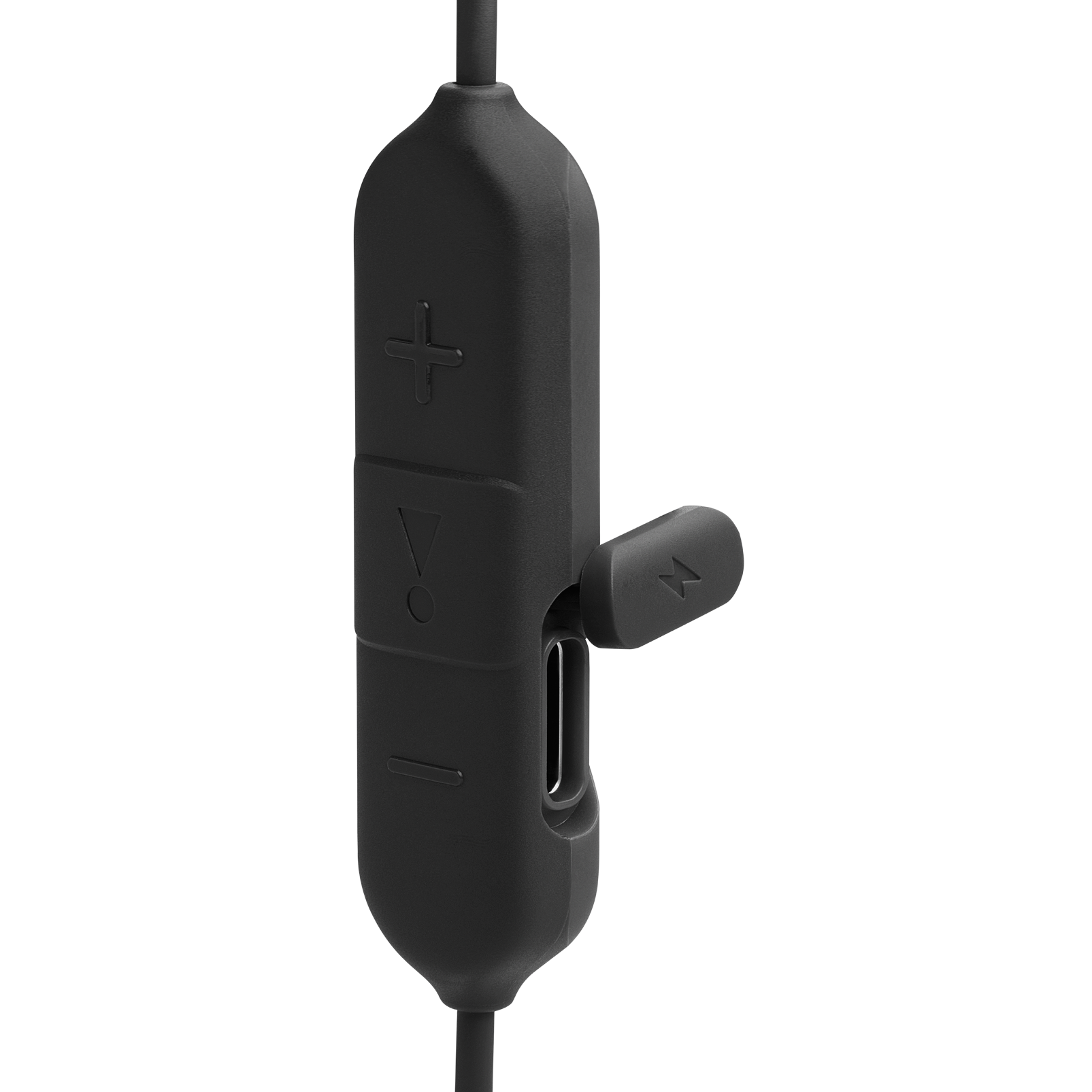 JBL Endurance Run 2 Wireless earbuds in black, in-line remote and USB-C charging port detail