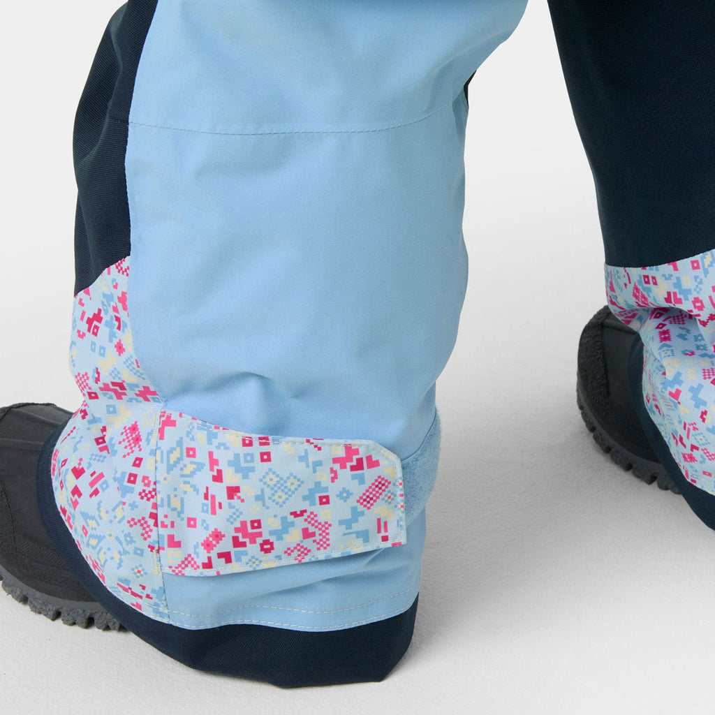 Helly Hansen Kids' Rider 2 Insulated Bib Pants, Bright Blue AOP, reinforced hem detail