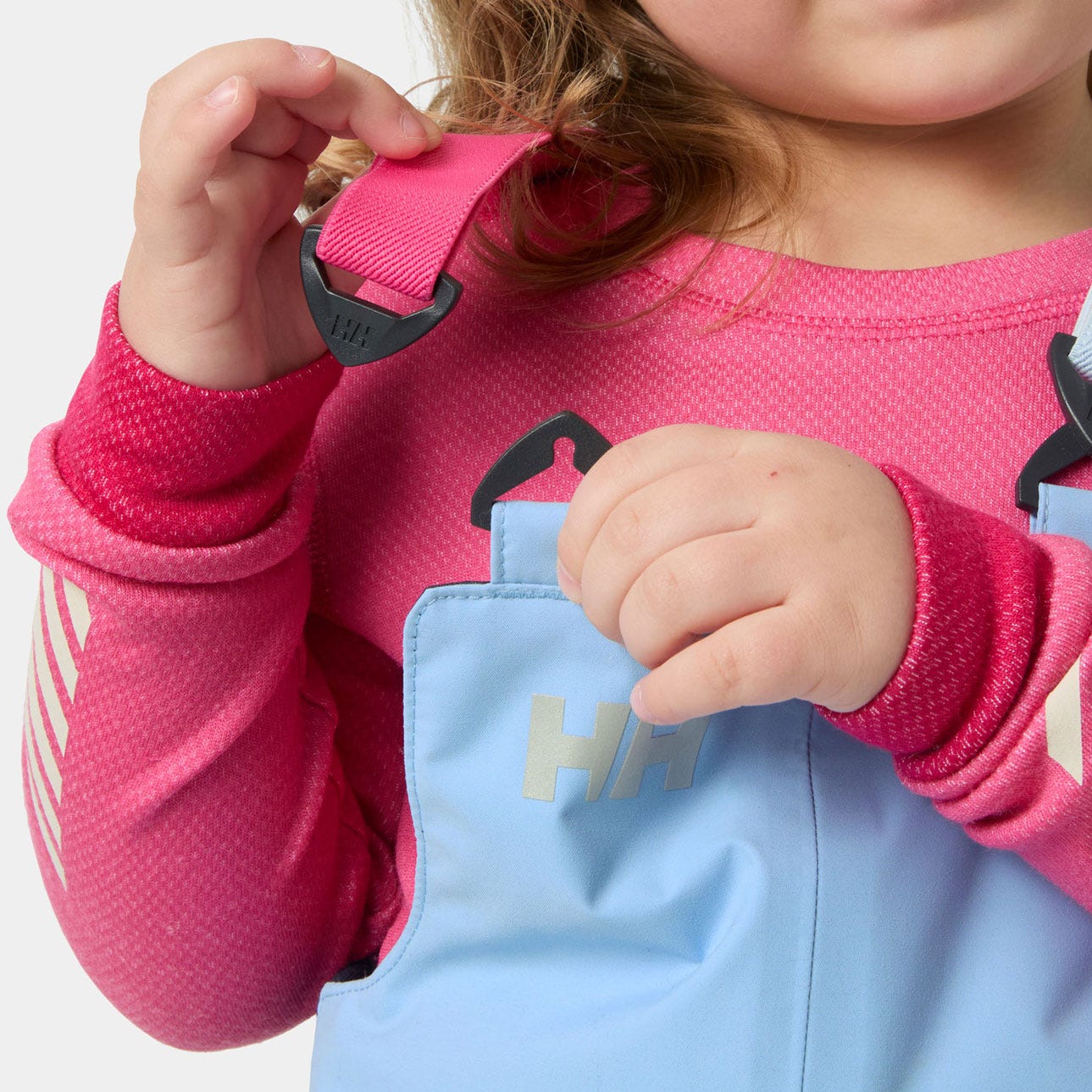 Helly Hansen Kids' Rider 2 Insulated Bib Pants, Bright Blue AOP, adjustable suspender detail