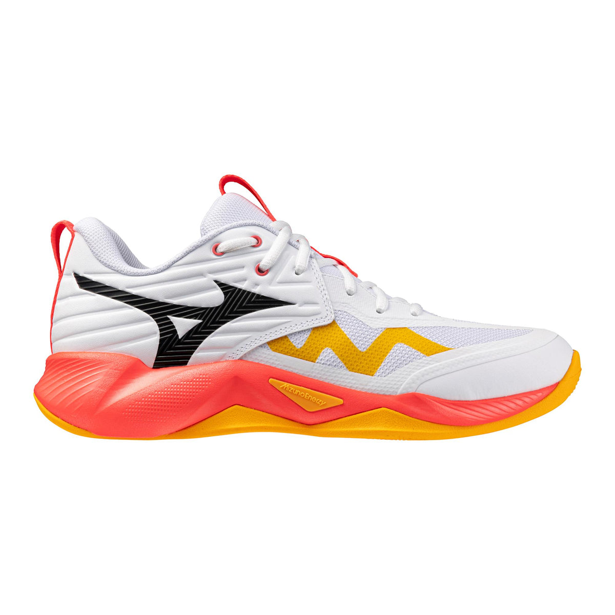 Mizuno Momentum 4 Pro Unisex Volleyball Shoes - White/Fiery Coral, three-quarter view