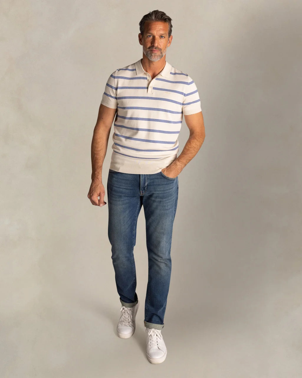 New Zealand Auckland Men's Ecru Striped Knit Polo