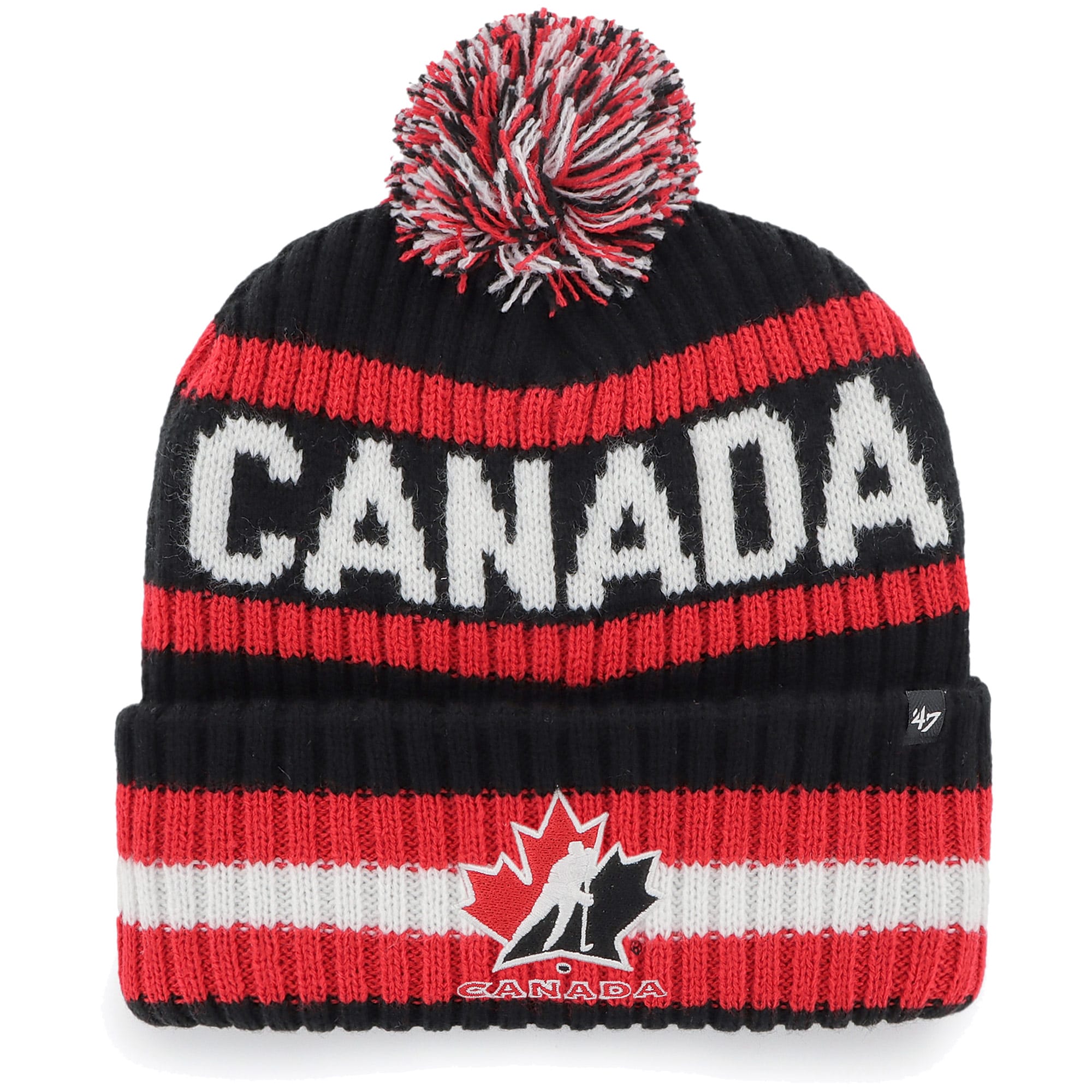 47 Brand Team Canada Bering cuffed knit hat with pom, black and red - front