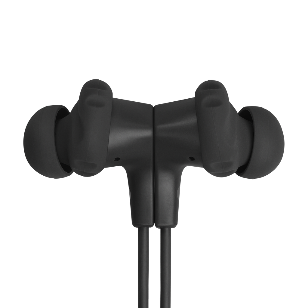JBL Endurance Run 2 Wireless earbuds in black, magnetic earbuds clipped together