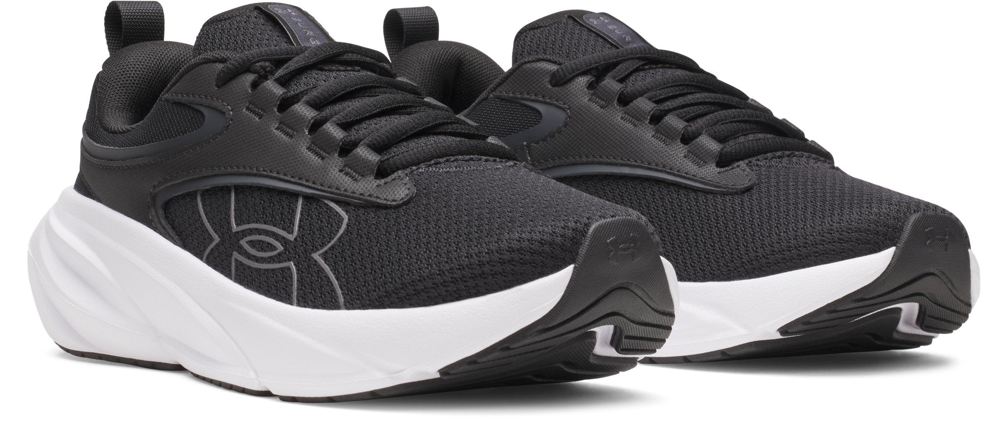 Under Armour Women's Surge 5 Running Shoes in Black/Black/White - three quarter pair view