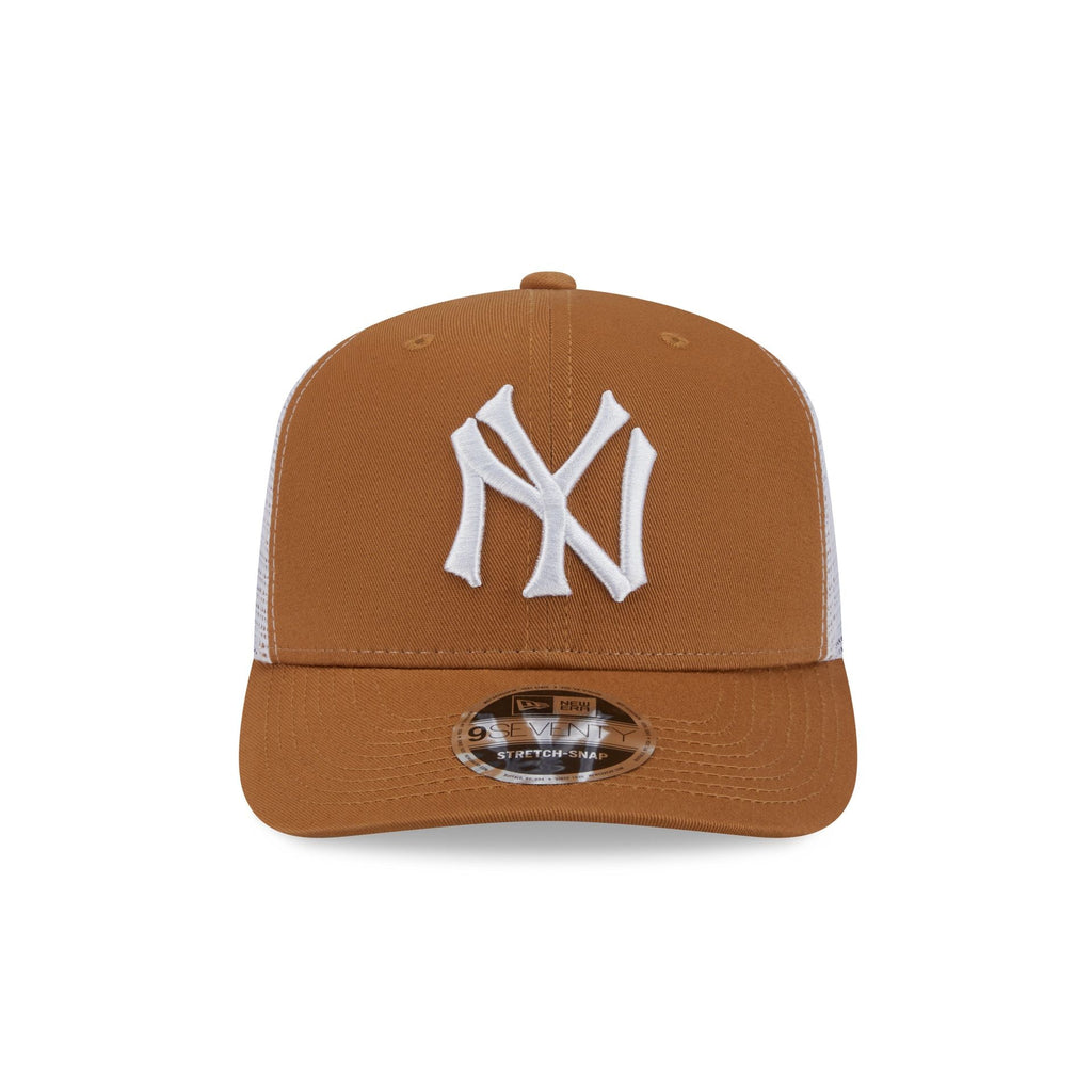 New Era New York Yankees Cooperstown Evergreen Trucker 9SEVENTY stretch-snap hat in bronze, front view