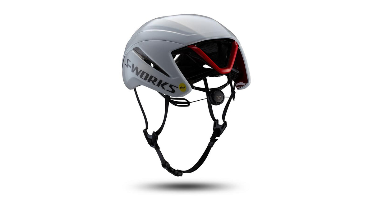 Specialized S-Works Evade 4 Helmet - WHITE/RED, rear three-quarter view