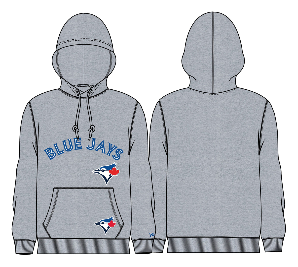 New Era Toronto Blue Jays wordmark and logo grey pullover hoodie front and back