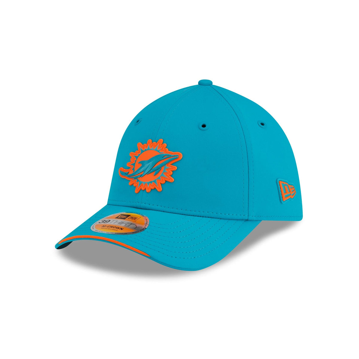 New Era Miami Dolphins 2026 Sideline 39THIRTY M-Crown stretch fit hat three-quarter left