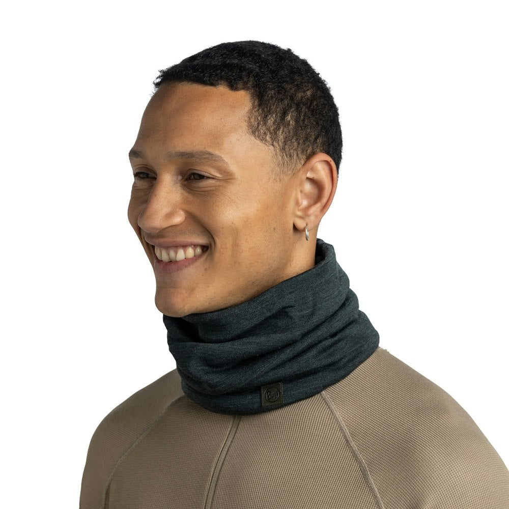 Buff Heavyweight Merino Wool Neckwear - Solid Forest - Solid Forest, worn angled view