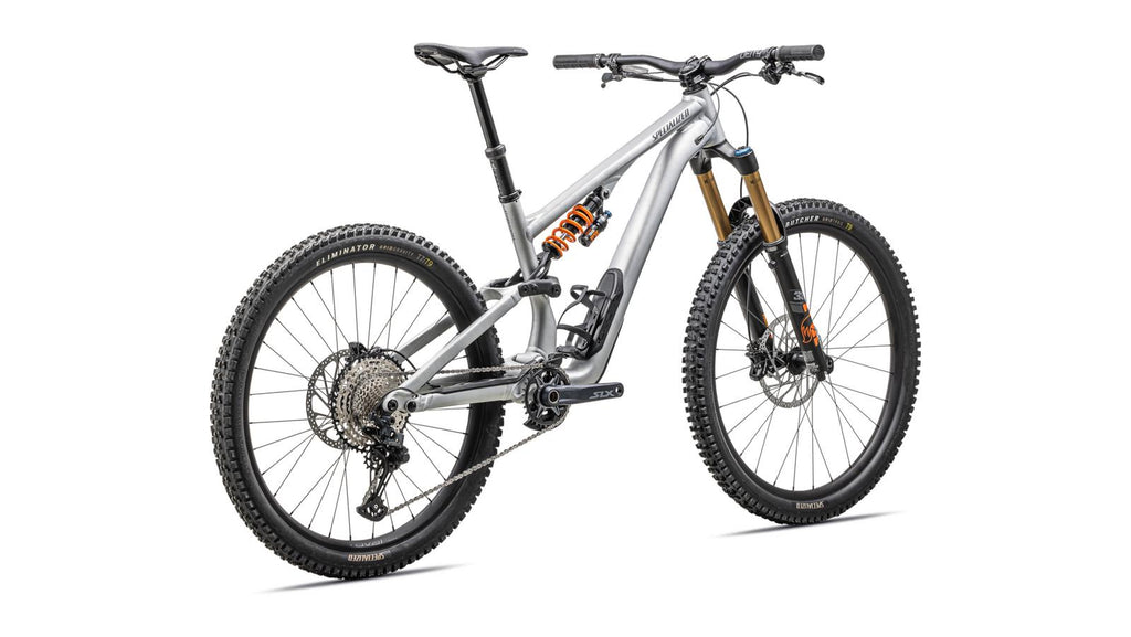 Specialized Stumpjumper 15 Alloy FOX Coil - 2025 - SATIN BRUSHED ALUMINUM/CAST BLUE, rear three-quarter view
