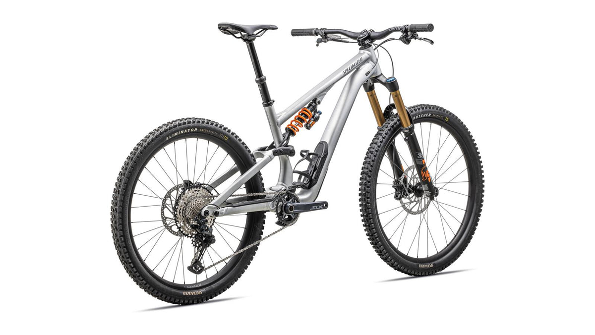 Specialized Stumpjumper 15 Alloy FOX Coil - 2025 - SATIN BRUSHED ALUMINUM/CAST BLUE, rear three-quarter view