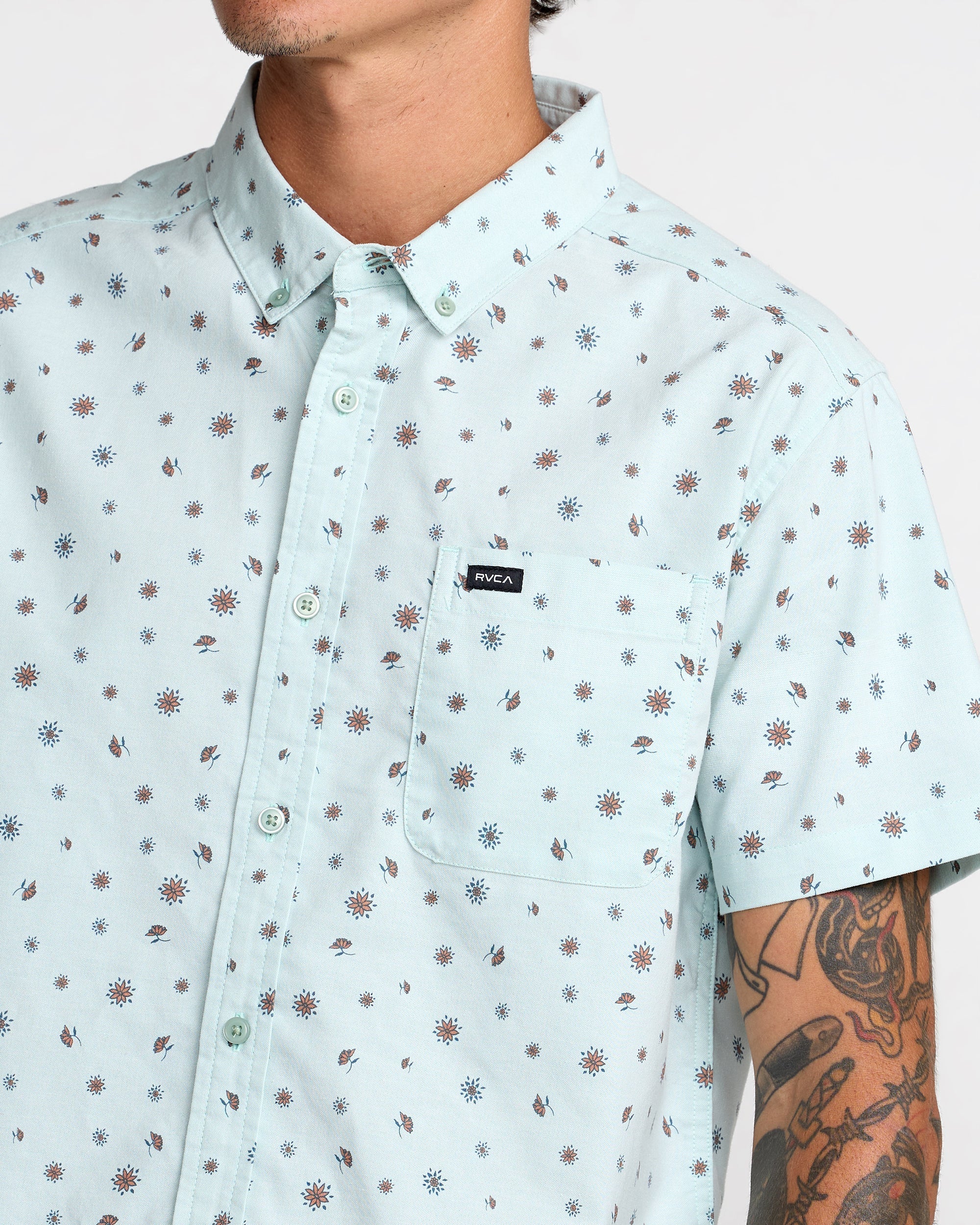 RVCA That'll Do Print Short Sleeve Shirt in Blue Haze — print detail