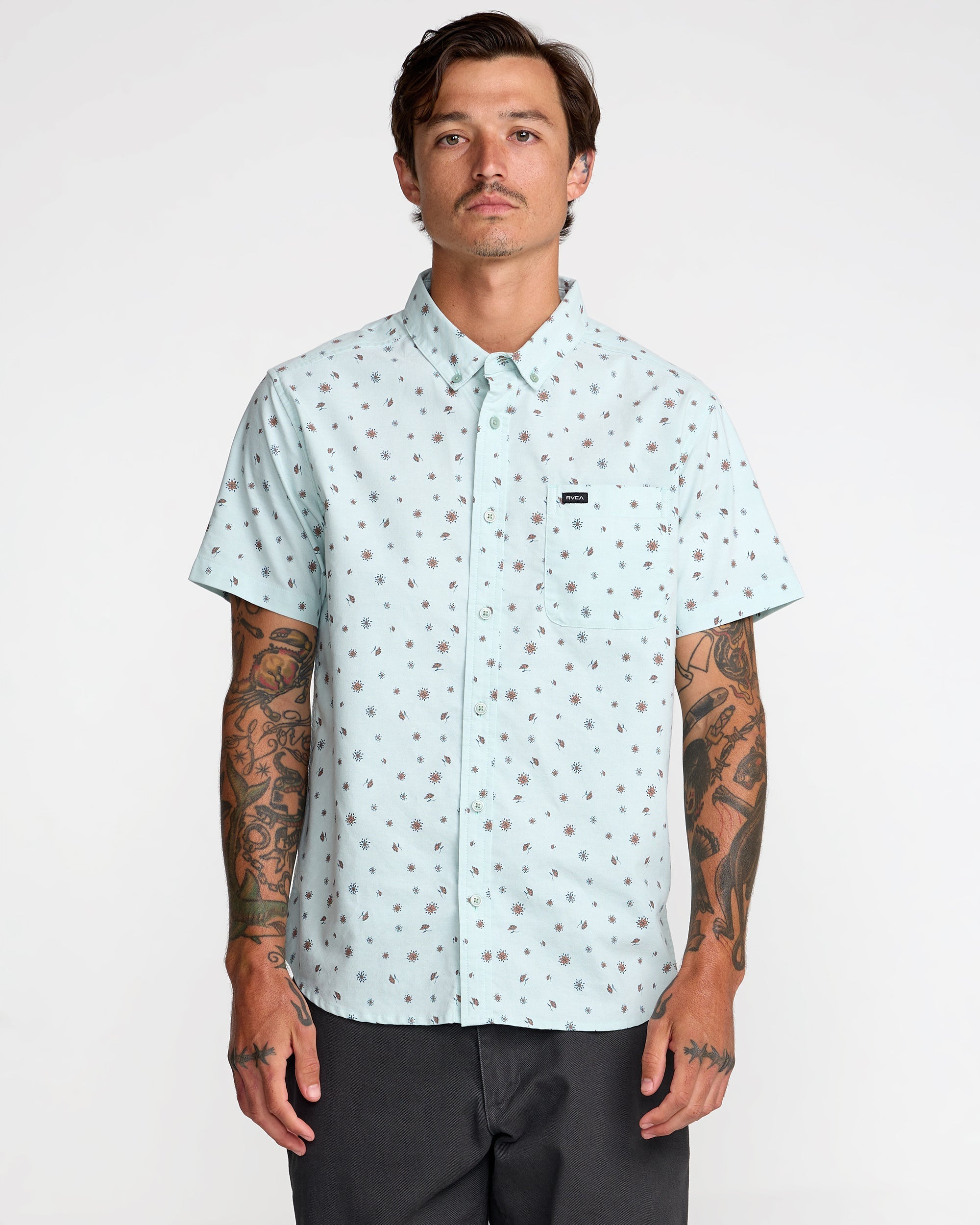 RVCA That'll Do Print Short Sleeve Shirt in Blue Haze — front