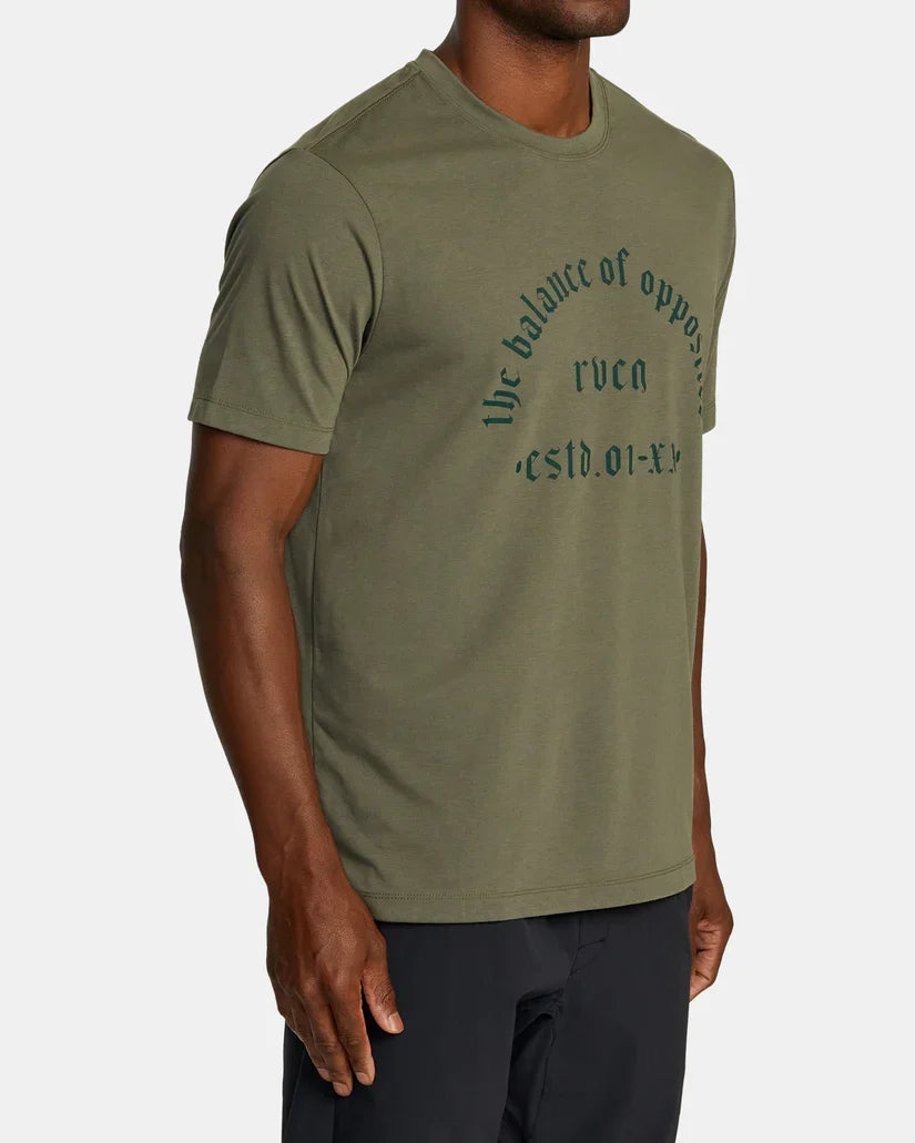 RVCA Old Arch Short Sleeve Tee in Olive - chest print detail