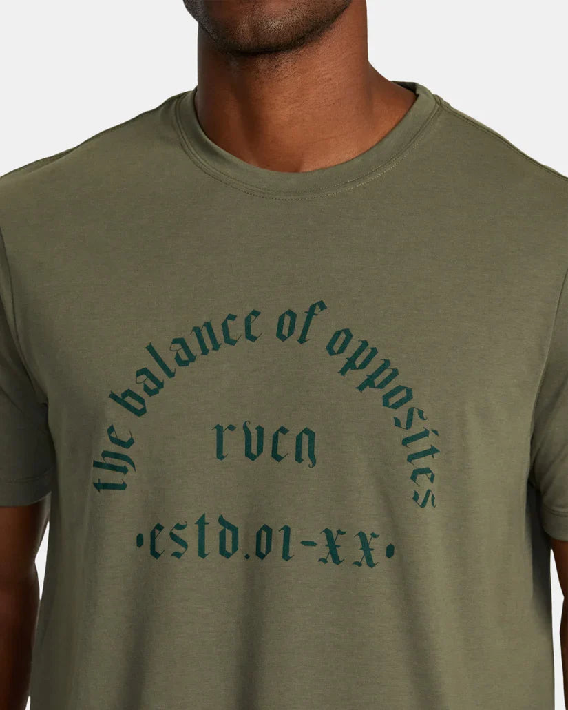 RVCA Old Arch Short Sleeve Tee in Olive - side view on model