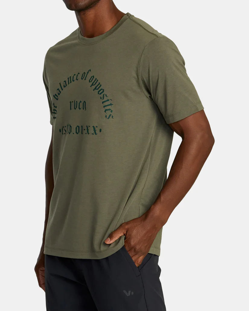 RVCA Old Arch Short Sleeve Tee in Olive - three quarter view